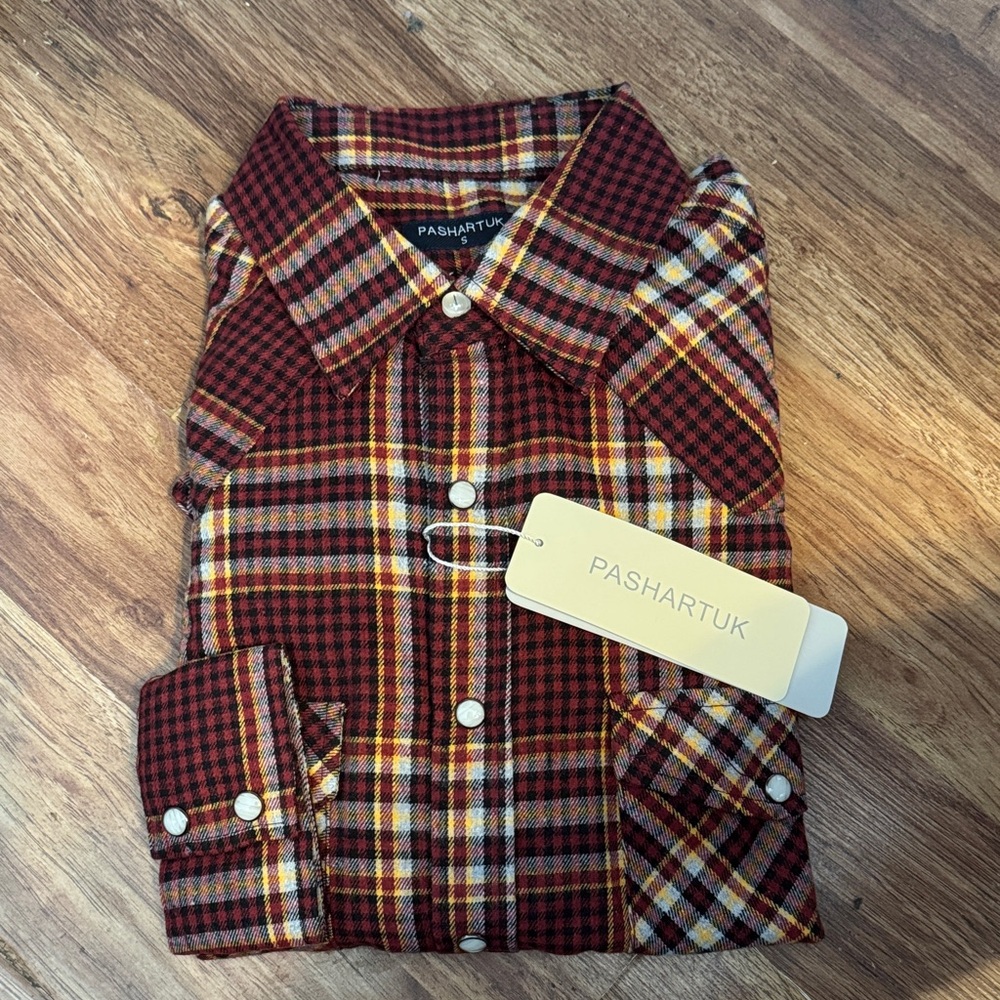 PASHARTUK NWT SZ S PEARL SNAP Ash Red and Yellow Plaid Casual Shirt